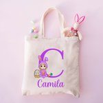 Personalized Cartoon Easter Bunny Character Canvas Tote Bag with Initial and Name Easter Party Gift for Boys Girls