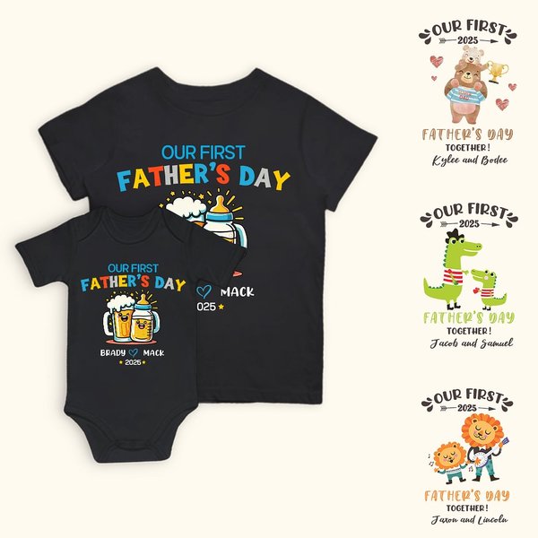 Personalised Cute Baby Bottle and Beer Cup 100% Cotton T-Shirt Baby Onesie with Name Our First Father's Day Gift for Daddy Baby