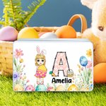 Personalized Cute Flower Egg Cartoon Character Biscuit Tin Box with Initial and Name Easter Party Storage Accessories Gift for Boys Girls
