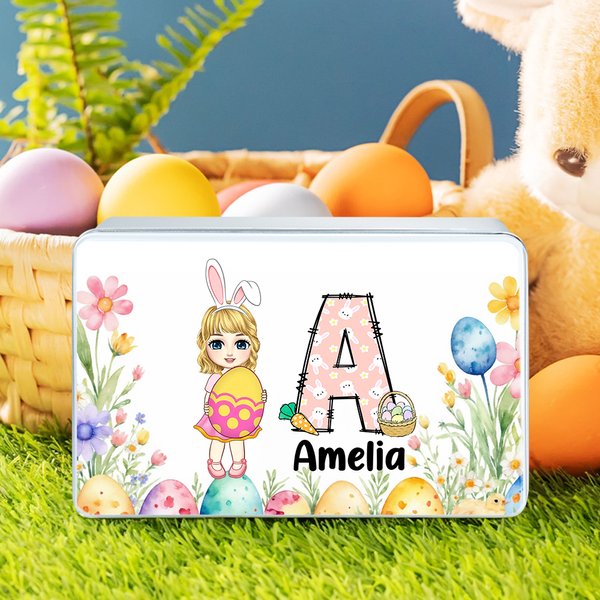 Personalized Cute Flower Egg Cartoon Character Biscuit Tin Box with Initial and Name Easter Party Storage Accessories Gift for Boys Girls