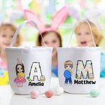 Personalized Cute Holding Easter Egg Cartoon Boy Girl Initial Canvas Bucket Bag with Name Easter Egg Hunting Candy Storage Gift for Kids