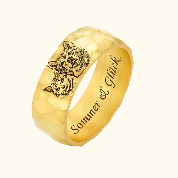 Personalisierter Hammerstruktur Ring mit Haustier-Porträt und Text Gravur Skizze Zeichnung Geburtstag Erinnerung Geschenk für Damen Haustierliebhaber