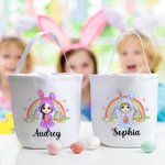 Personalized Fantasy Rainbow Bunny Onesie Cartoon Character Canvas Bucket Bag with Name Easter Egg Hunt Party Decor Sweets Storage Gift for Kids