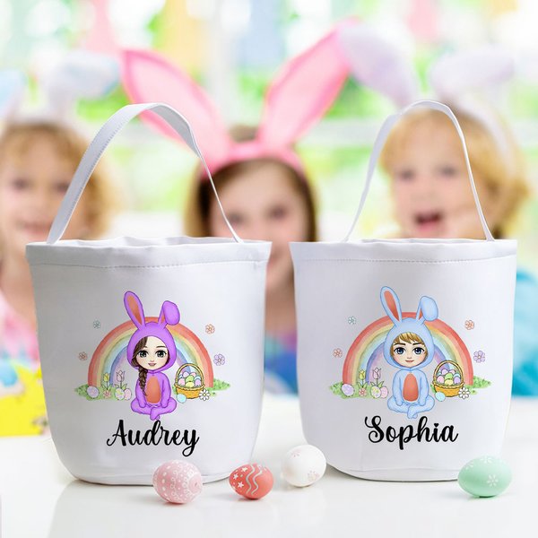 Personalized Fantasy Rainbow Bunny Onesie Cartoon Character Canvas Bucket Bag with Name Easter Egg Hunt Party Decor Candy Storage Gift for Kids
