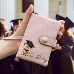 Personalised Cartoon Graduation Hat Bear Floral Leather Tri-folded Wristlet Wallet with Name and Card Holder Birthday Graduation Gift for Graduates