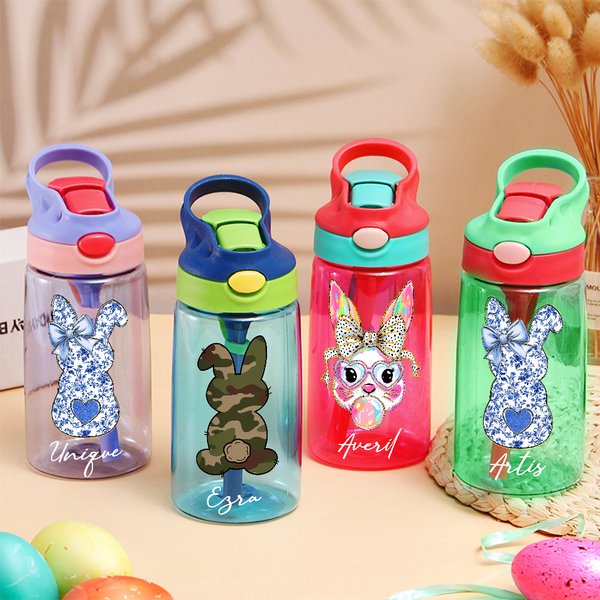 Personalisierte Cute Bow Bunny 475 ml Kind Wasserflasche mit Namen und Stroh Ostern Outdoor-Zubehör Geschenk für Jungen Mädchen