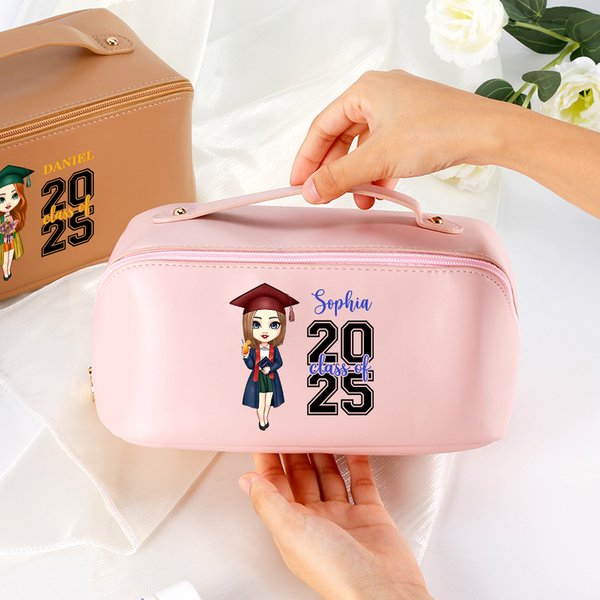 Borsa per il trucco in pelle personalizzata con nome dell'anno e maniglia Accessori da viaggio Cerimonia di laurea Regalo di compleanno per donne ragazze