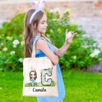 Personalised Cute Cartoon Character Bunny Floral Initial Canvas Tote Bag with Name Easter Egg Hunting Party Favors Gift for Kids