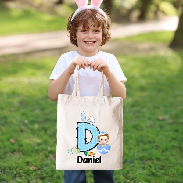 Personalized Easter Eggs Cartoon Character Bunny Ears Initial Name Canvas Tote Bag Easter Party Favor Gift for Boys Girls