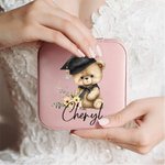 Personalized Cartoon Graduation Hat Bear Floral Portable Leather Travel Jewellery Box with Name Birthday Graduation Gift for Women Graduates