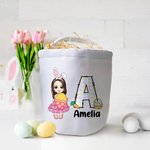 Personalized Cute Holding Easter Egg Cartoon Boy Girl Initial Canvas Bucket Bag with Name Easter Egg Hunting Candy Storage Gift for Kids