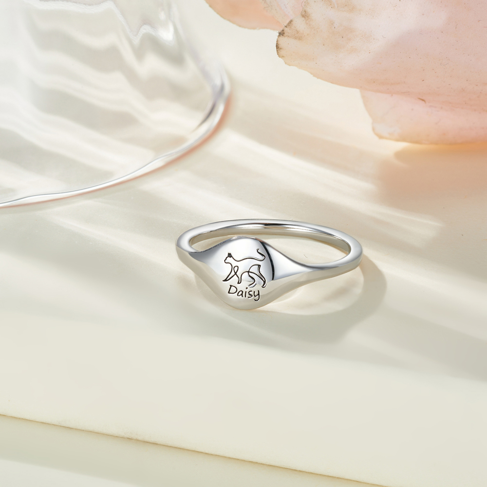 Bague Personnalisée Chat Chien Lapin Dessin Animal avec Nom Gravé Bijou délicat Cadeau d'Anniversaire pour Femme