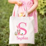 Personalized Cartoon Easter Bunny Character Canvas Tote Bag with Initial and Name Easter Party Gift for Boys Girls