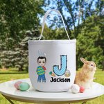 Personalized Cute Holding Easter Egg Cartoon Boy Girl Initial Canvas Bucket Bag with Name Easter Egg Hunting Candy Storage Gift for Kids