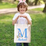 Personalized Cartoon Easter Bunny Character Canvas Tote Bag with Initial and Name Easter Party Gift for Boys Girls