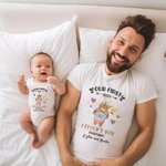 Personalized Cute Baby Bottle and Beer Cup 100% Cotton T-Shirt Baby Onesie with Name Our First Father's Day Gift for Daddy Baby