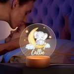 Luce notturna a LED personalizzata con nome motivo dell'elefante lunare con base in legno decorazione regalo per festa dei bambini