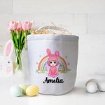 Personalized Fantasy Rainbow Bunny Onesie Cartoon Character Canvas Bucket Bag with Name Easter Egg Hunt Party Decor Sweets Storage Gift for Kids