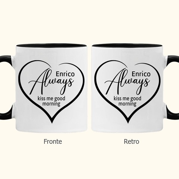 Tazza da caffè multicolori personalizzata con nome e testo Kiss me good morning regalo di anniversario e San Valentino per coppie