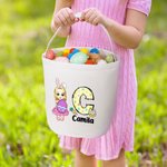 Personalized Cute Holding Easter Egg Cartoon Boy Girl Initial Canvas Bucket Bag with Name Easter Egg Hunting Candy Storage Gift for Kids