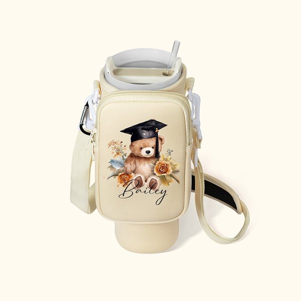 Personalisierte Graduierung Hut Bär Floral Waterproof Water Bottle Carrier Bag für 40oz Stanley mit Tasche verstellbaren Riemen Graduierung Geschenk für Absolventen