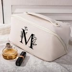 Personalized Floral Initial Leather Makeup Bag with Handle Portable Travel Accessories Birthday Gift for Women