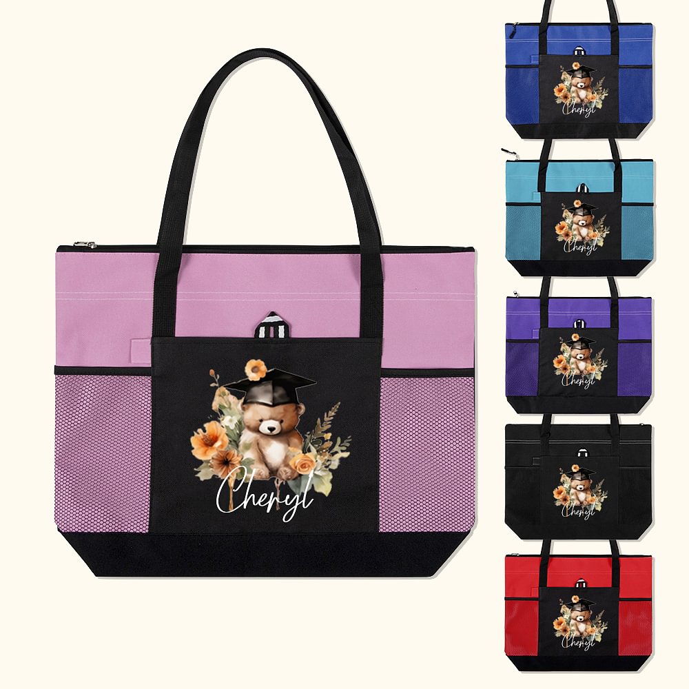 Personnalisé Cartoon Graduation Hat Bear Floral Large Zippered Tote Bag with Name Birthday Graduation Celebration Appreciation Gift for Women