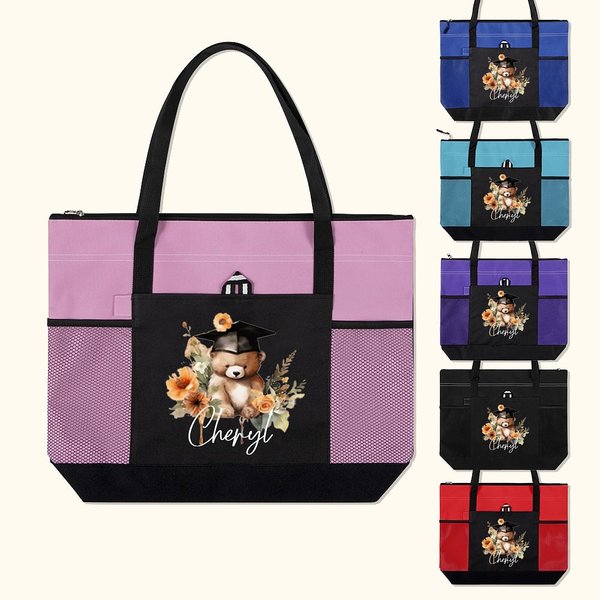 Personalised Cartoon Graduation Hat Bear Floral Large Zippered Tote Bag with Name Birthday Graduation Celebration Appreciation Gift for Women