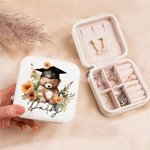 Personalized Cartoon Graduation Hat Bear Floral Portable Leather Travel Jewellery Box with Name Birthday Graduation Gift for Women Graduates