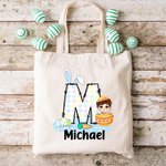 Personalised Easter Eggs Cartoon Character Bunny Ears Initial Name Canvas Tote Bag Easter Party Favor Gift for Boys Girls
