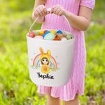 Personalized Fantasy Rainbow Bunny Onesie Cartoon Character Canvas Bucket Bag with Name Easter Egg Hunt Party Decor Sweets Storage Gift for Kids
