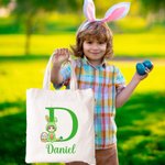 Personalized Cartoon Easter Bunny Character Canvas Tote Bag with Initial and Name Easter Party Gift for Boys Girls