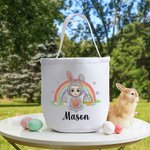 Personalized Fantasy Rainbow Bunny Onesie Cartoon Character Canvas Bucket Bag with Name Easter Egg Hunt Party Decor Sweets Storage Gift for Kids