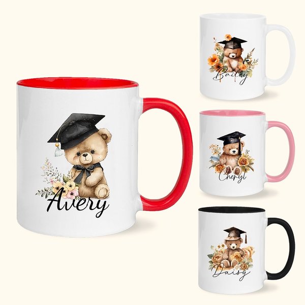 Personalised Cartoon Graduation Hat Bear Floral 11oz Ceramic Mug with Name Birthday Graduation Celebration Appreciation Gift for Graduates Classmates