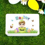 Personalized Cute Eggshell Cartoon Character Biscuit Tin Box with Name Easter Party Storage Accessories Gift for Boys Girls