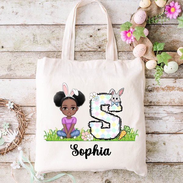 Personalized Cute Cartoon Character Bunny Floral Initial Canvas Tote Bag with Name Easter Egg Hunting Party Favors Gift for Kids