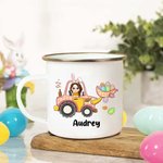 Personalized Easter Cartoon Character Excavator 11oz Enamel Mug with Name Easter Party Gift for Boys Girls