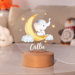Luce notturna a LED personalizzata con nome motivo dell'elefante lunare con base in legno decorazione regalo per festa dei bambini