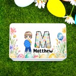 Personalized Cute Flower Egg Cartoon Character Biscuit Tin Box with Initial and Name Easter Party Storage Accessories Gift for Boys Girls