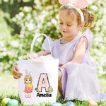 Personalized Cute Holding Easter Egg Cartoon Boy Girl Initial Canvas Bucket Bag with Name Easter Egg Hunting Candy Storage Gift for Kids