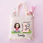 Personalised Cute Cartoon Character Bunny Floral Initial Canvas Tote Bag with Name Easter Egg Hunting Party Favors Gift for Kids