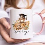 Personalised Cartoon Graduation Hat Bear Floral 11oz Ceramic Mug with Name Birthday Graduation Celebration Appreciation Gift for Graduates Classmates