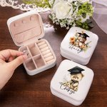 Personalized Cartoon Graduation Hat Bear Floral Portable Leather Travel Jewellery Box with Name Birthday Graduation Gift for Women Graduates