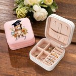 Personalized Cartoon Graduation Hat Bear Floral Portable Leather Travel Jewellery Box with Name Birthday Graduation Gift for Women Graduates