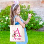 Personalized Cartoon Easter Bunny Character Canvas Tote Bag with Initial and Name Easter Party Gift for Boys Girls