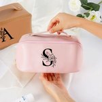 Personalized Floral Initial Leather Makeup Bag with Handle Portable Travel Accessories Birthday Gift for Women