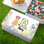 Personalized Cute Flower Egg Cartoon Character Biscuit Tin Box with Initial and Name Easter Party Storage Accessories Gift for Boys Girls