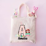 Personalised Easter Eggs Cartoon Character Bunny Ears Initial Name Canvas Tote Bag Easter Party Favor Gift for Boys Girls