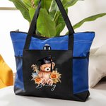 Personalized Cartoon Graduation Hat Bear Floral Large Zippered Tote Bag with Name Birthday Graduation Celebration Appreciation Gift for Women
