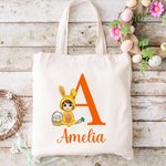 Personalized Cartoon Easter Bunny Character Canvas Tote Bag with Initial and Name Easter Party Gift for Boys Girls